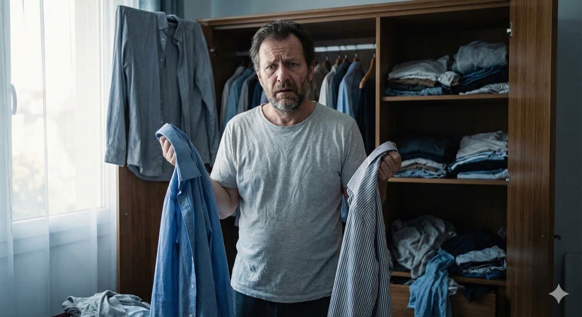 Man frustrated choosing clothes from wardrobe